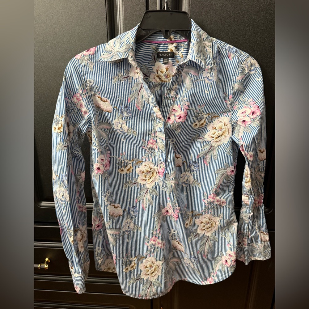 Talbots Blue Striped Floral Blouse